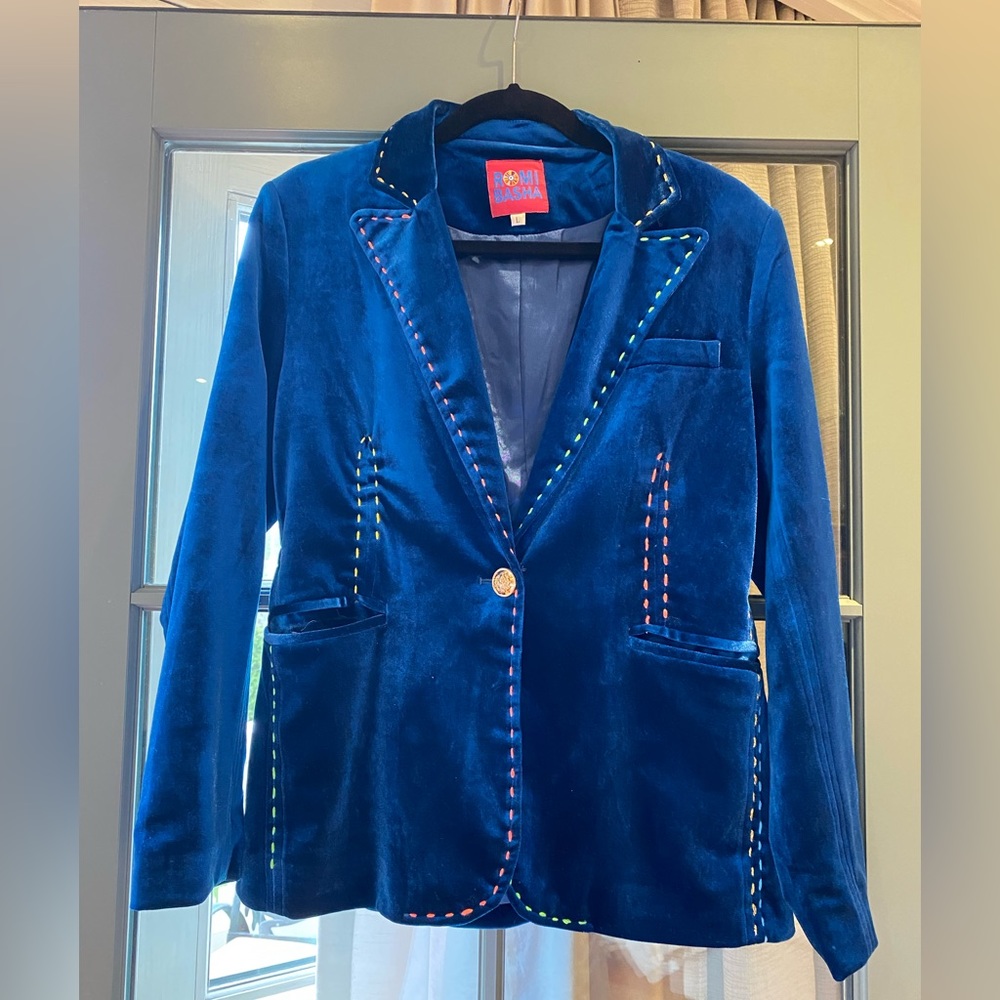 Cobalt blue velvet blazer with fluorescent contrast, stitching and gold hardware